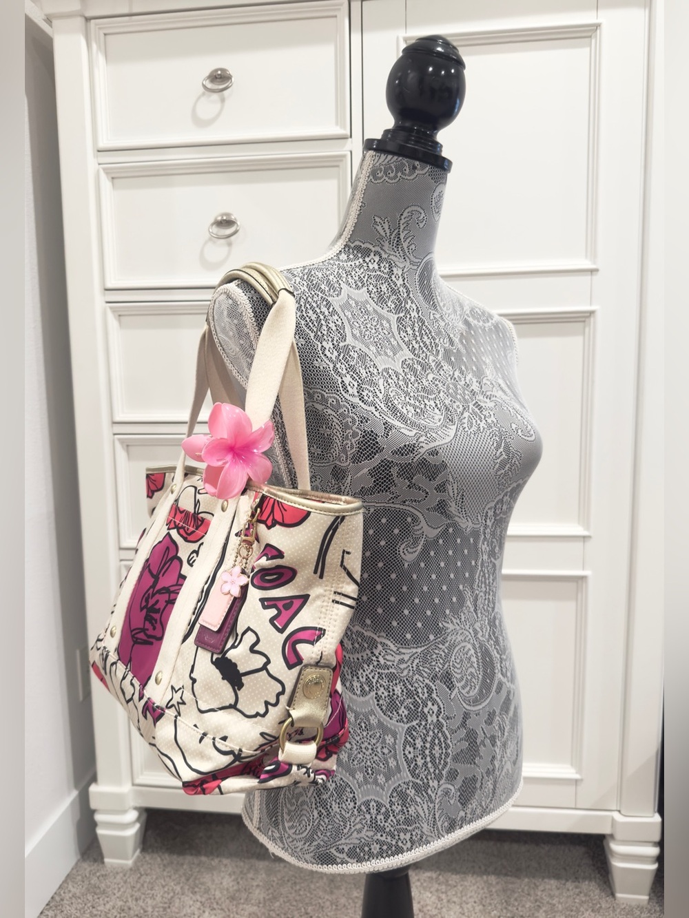 🌸🌺 Coach Kyra Floral & Polka Dot Print Cream Sateen Tote Bag - Picture 13 of 16